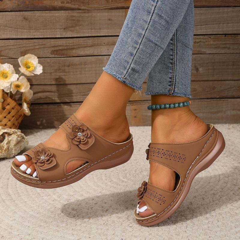 Women's New Summer Wear Flower One-line Solid Color Round Toe Casual Fashion Women's Flat Slippers