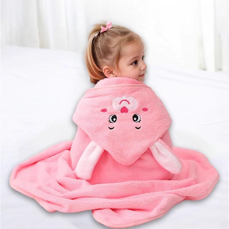 Soft Coral Fleece Baby Swaddle Blanket with Hooded Cape and Embroidery