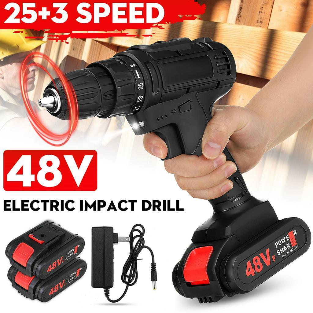 25+3 Speed Cordless Impact Wrench Electric Drill Socket Electric Screwdrive 1/2 Battery US Plug Black 48V
