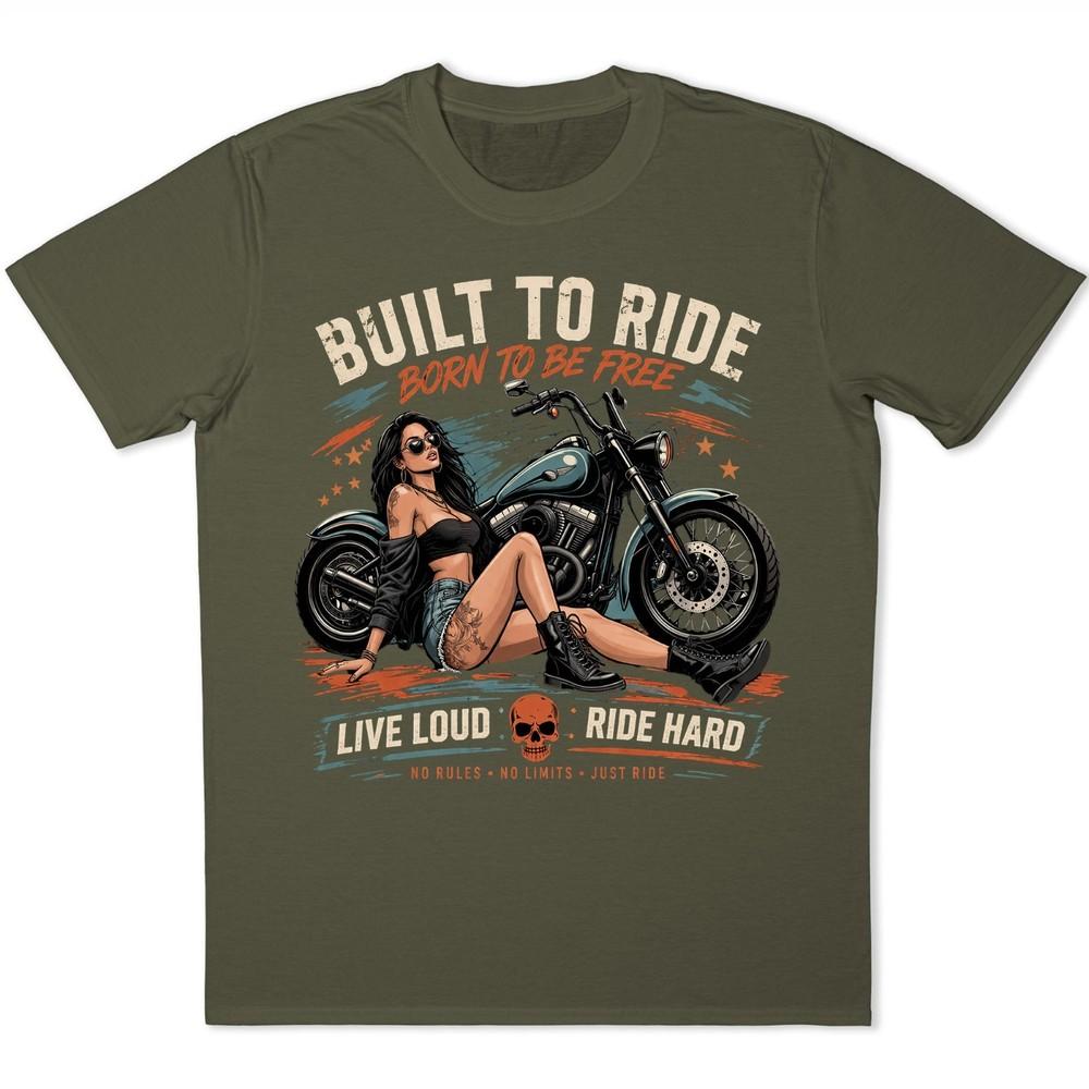 Built To Ride Born To Be Free T-Shirt Pin Up Girl Biker Motorcycle Retro Tee
