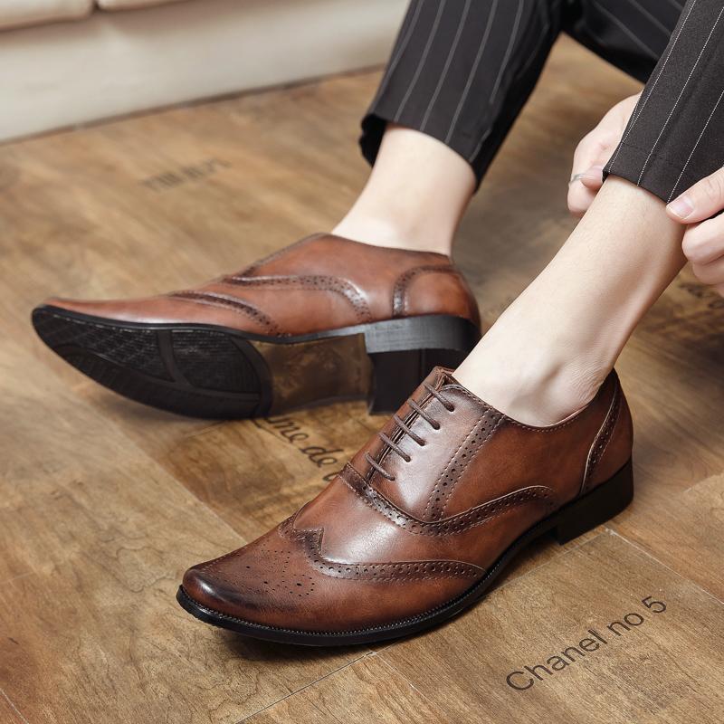 Men Shoes Luxury Men's Dress Shoes High Quality Leather Brogue Wingtip Toe Oxford Black Brown Lace-Up Business Wedding Formal