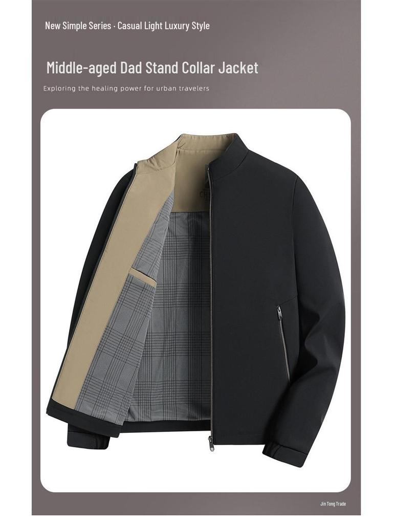 Men's Stand Collar Solid Color Casual Business Jacket for Mid-Aged & Young Adults