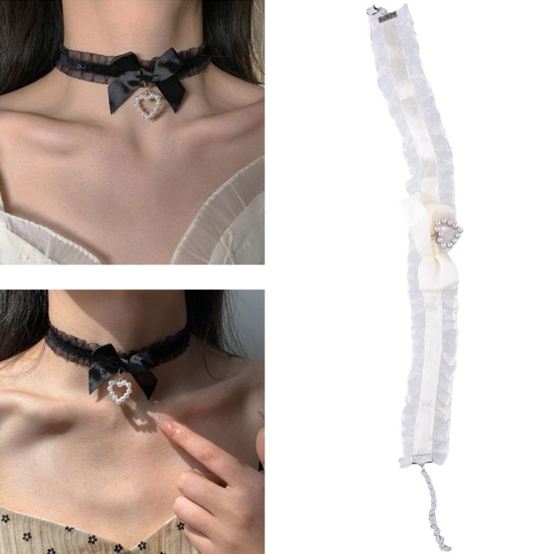 Fashion Harajuku Cloth Collarbone Chain Temperament Simple Cold Wind Big Heart Bowknot Pearls Loves Necklace Lace Chain