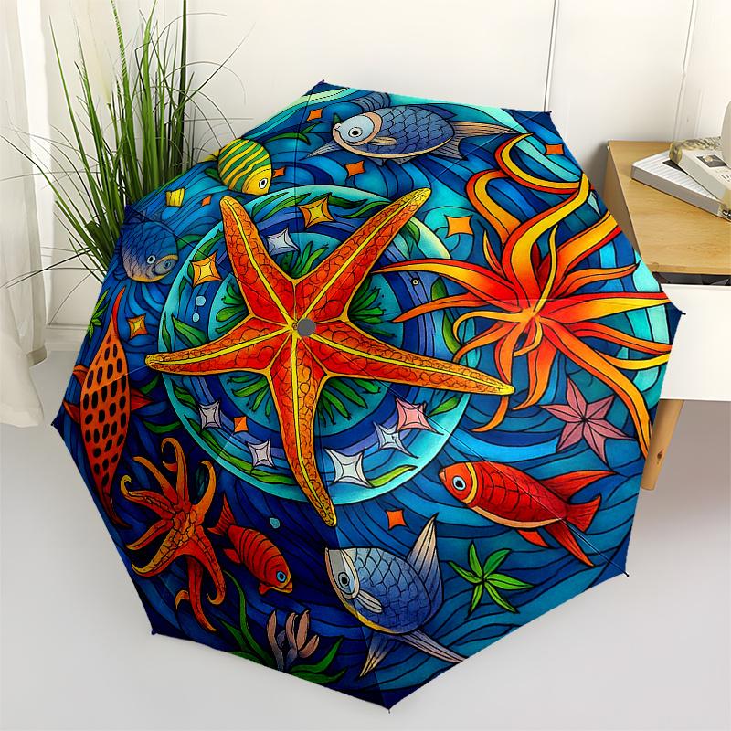 Underwater Paradise: Vibrant Sea Life Stained ArtworkUmbrella, Portable 3-Fold Compact Umbrella for Men & Women Gift