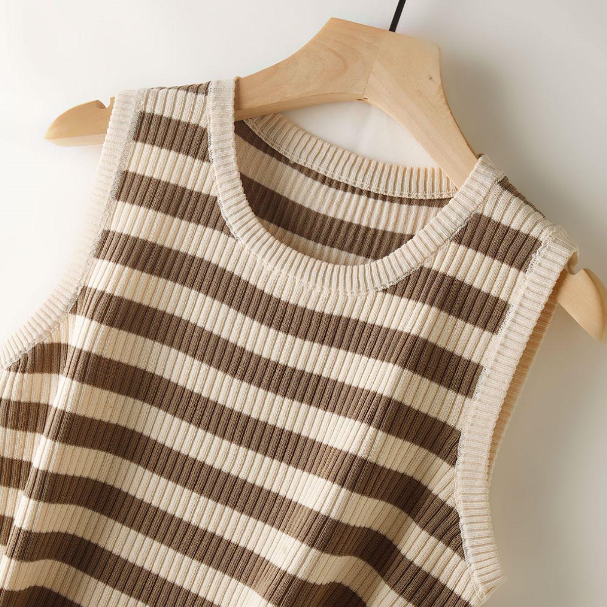 Striped Round Neck Sleeveless Camisole - Women s Summer Casual Knit Top L хаки