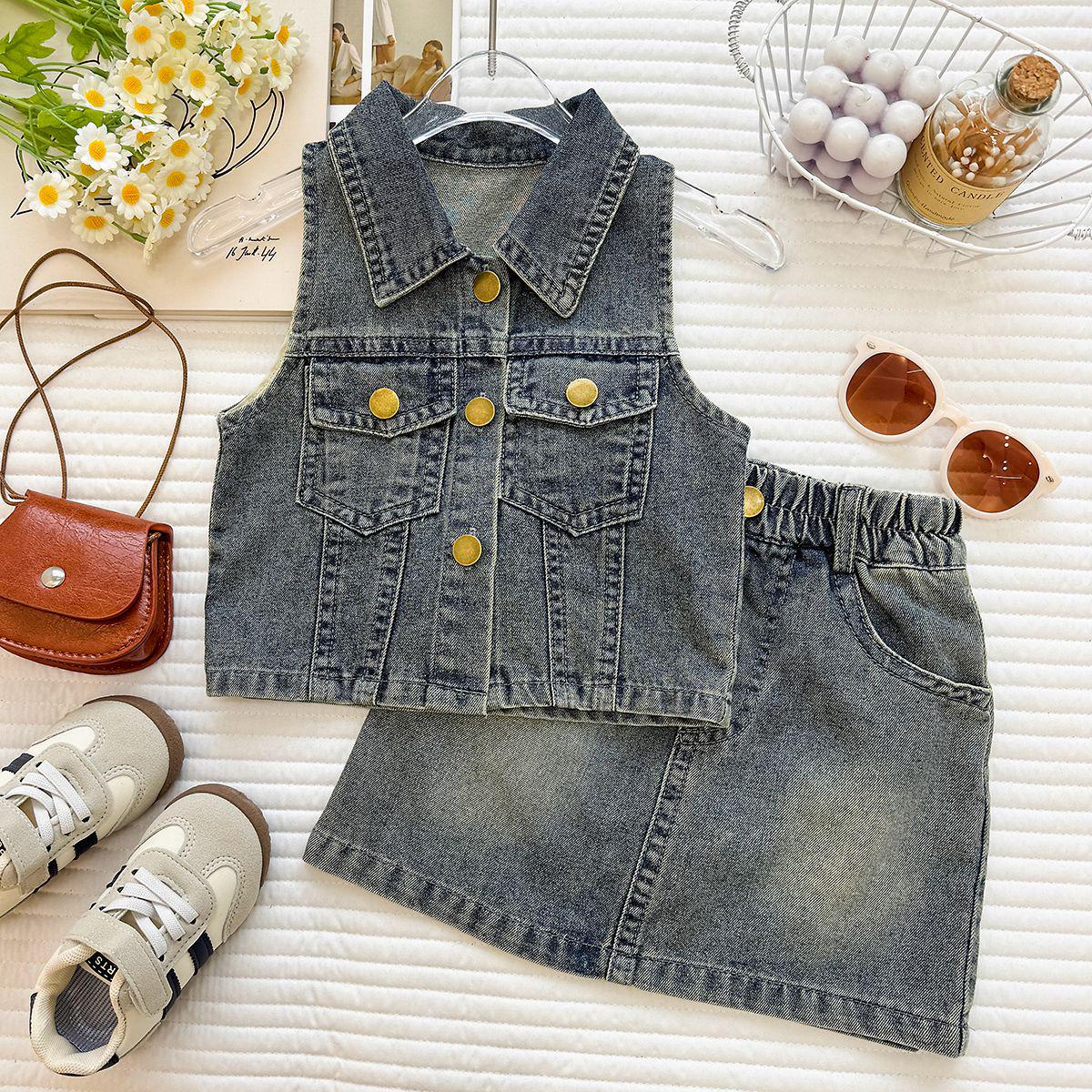 Girls Korean-Style Denim Vest & Skirt Set - Summer 2026 Collection 90 cm