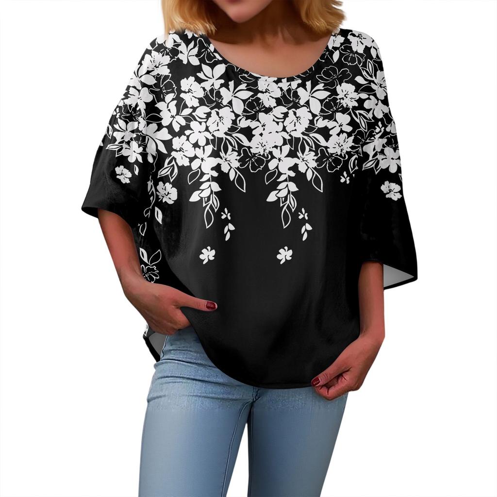 Summer Tops For Women Cute O Neck 3/4 Sleeve Blouses Floral Print Top Casual Shirts