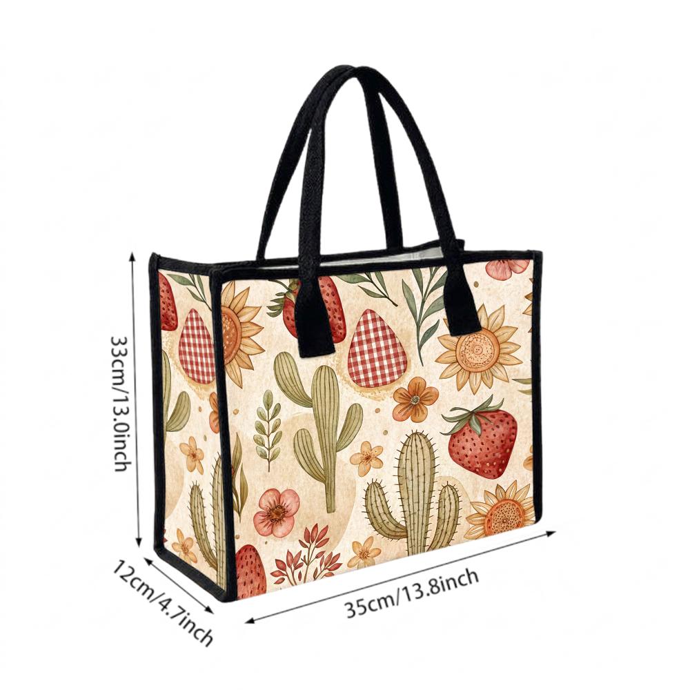 Boho Floral Cactus Strawberry Print Casual Tote Handbag for Daily Use