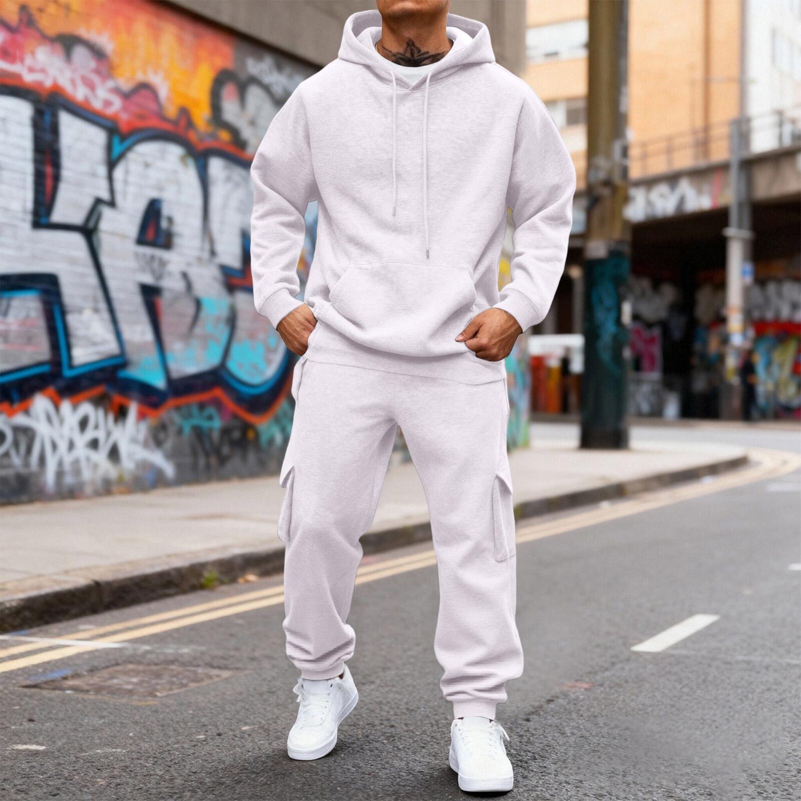 

Men s Fleece-Lined Thermal Two-Piece Tracksuit Set | Color Hoodie With Cargo Joggers & Elastic Waist For Casual Outdoor Activities XL білий