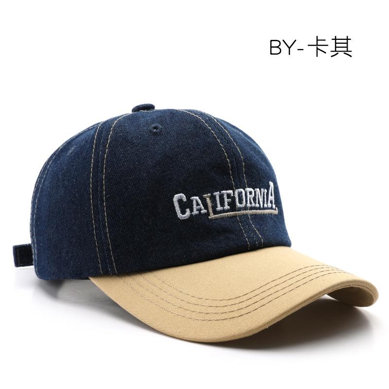 Men's baseball cap with letter embroidery, color-blocked design, and denim accents, suitable for outdoor activities, providing sun protection and