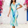 Women Plus Size V Neck Short Sleeve Printed Dark Blue Fitted Fishtail Dress