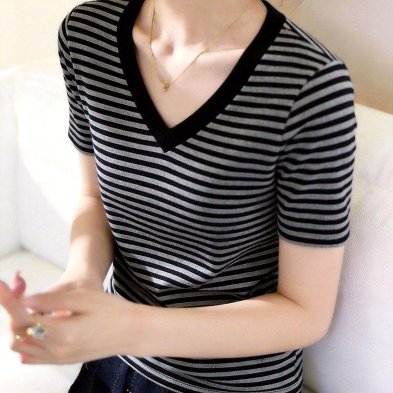 Women 2026 Summer Striped V-Neck Short Sleeve T-Shirt Korean Slim Fit Thin Versatile Casual Basic Top