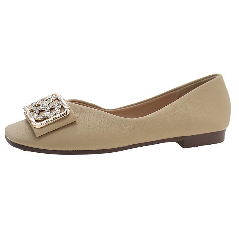 Fashion Single Shoes Women's Flat Bottom Shallow Mouth Summer New Round Head Soft Sole Soft Surface Square Head Rhinestone One Pedal Ladyshoes