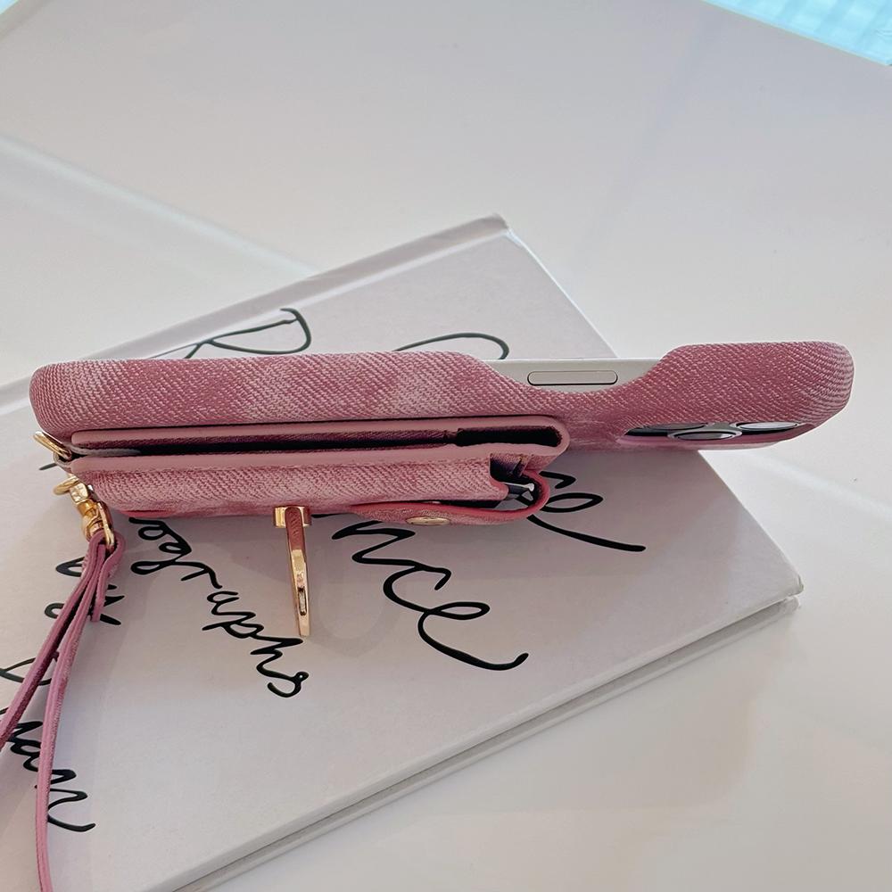 For iPhone 15 Pro Case Ring Kickstand Card Holder Jeans Cloth Texture PU Leather Back Cover with Strap