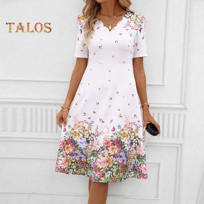 Summer Women Dress Floral Print A-line Loose Hem Short Sleeves Wavy V Neck High Waist Knee Length Commute Party Dating Shopping Midi Dress