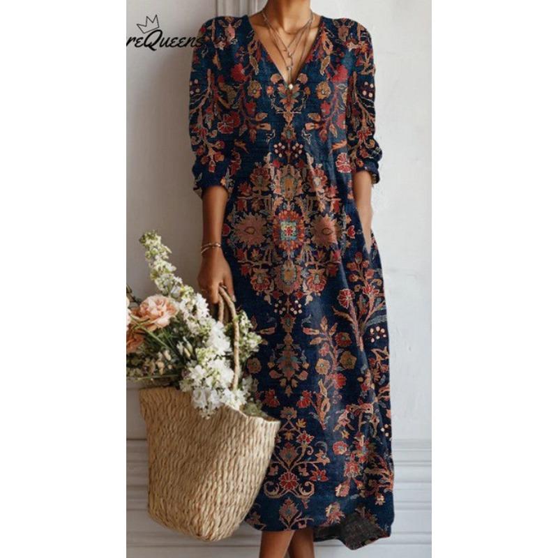 

temuY spring and summer new dress V-neck fashion high-end long-sleeved printing S