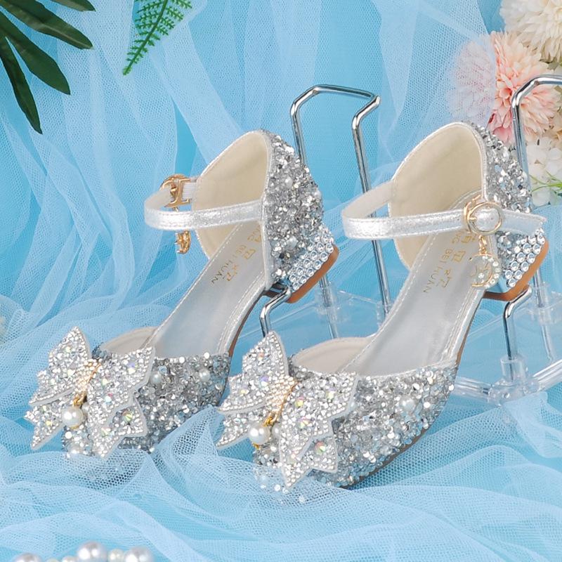 Silver Crystal Low-Heel White Leather Princess Shoes for Girls