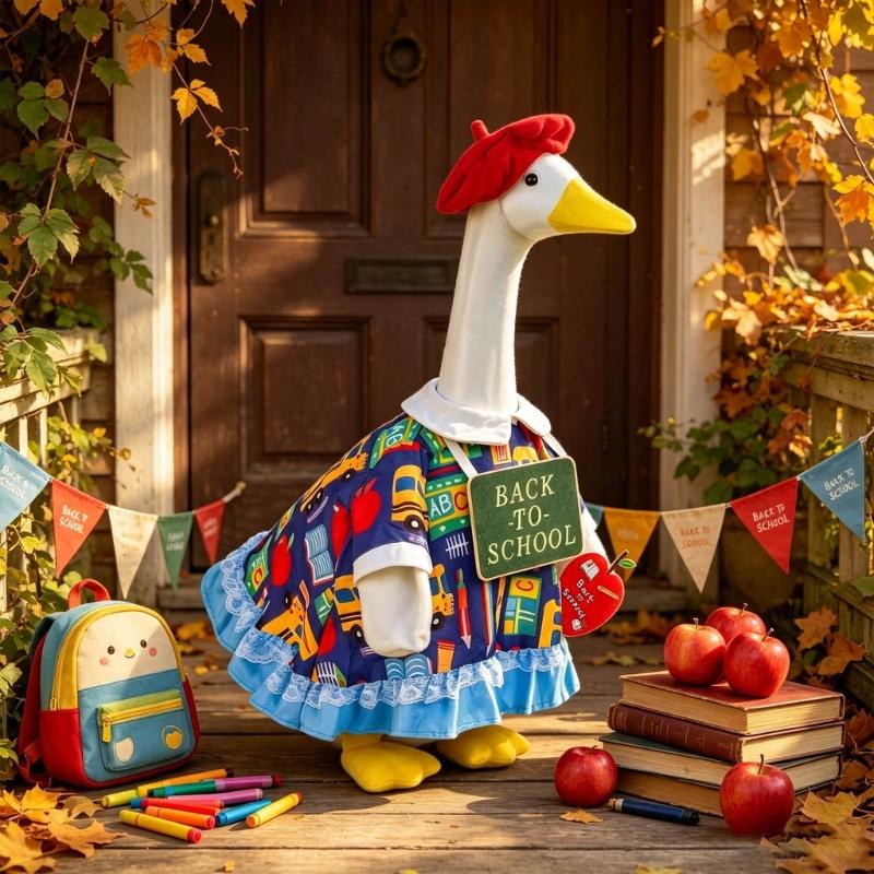 Porch Display Clothes for School Season, Polyester Dress Outfit with Red Cap, Sign and Fruit Charm for Garden Entry Placement, Figure Not Included