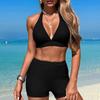Women's Two-Piece Neck Bikini Set High Waist Swim Shorts with Push-Up Top for Beachwear