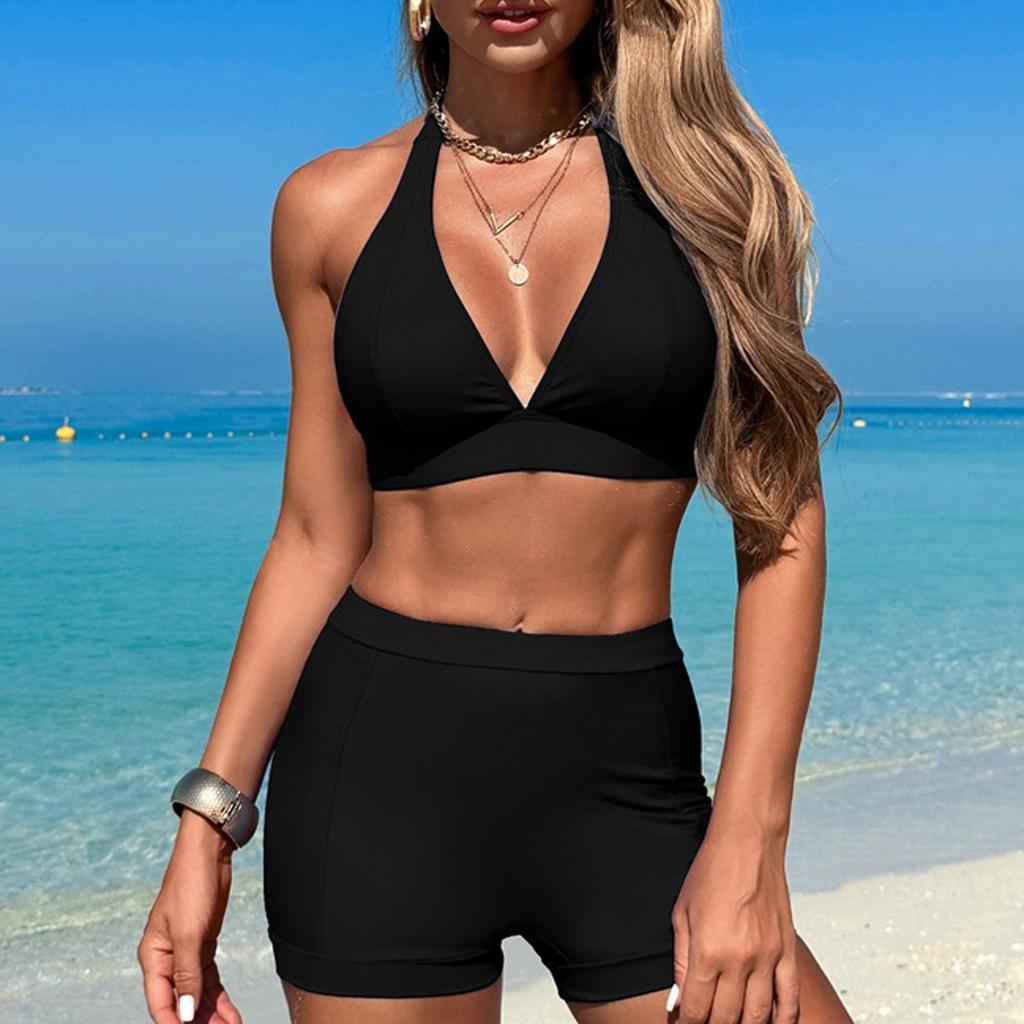 Women's Two-Piece Neck Bikini Set High Waist Swim Shorts with Push-Up Top for Beachwear