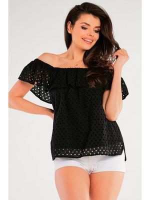 Openwork Blouse with Ruffles and Embroidery for Summer, Cotton, Black L/XL