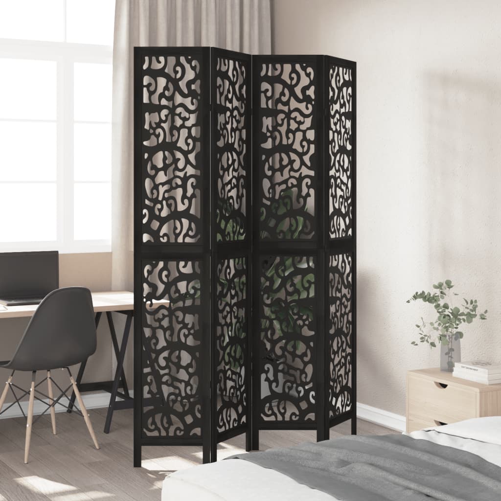 Vidaxl Room Divider, 4-Panel, Black, Solid Paulownia Wood