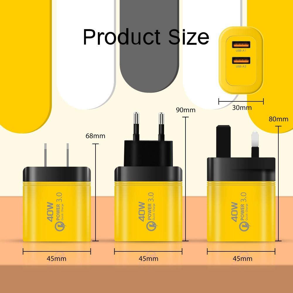 EU/US/UK 40W Charger Plug 2USB Quick Charge Adapter for iPhone/Xiaomi/Samsung