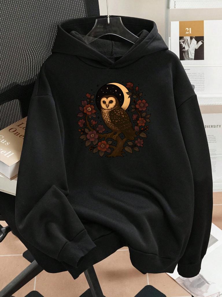 1pc Fashionable Women's Autumn/Winter Warm Hooded Sweatshirt Elegant and Beautiful Y2K Style Owl Perched On a Flowering Branch Und