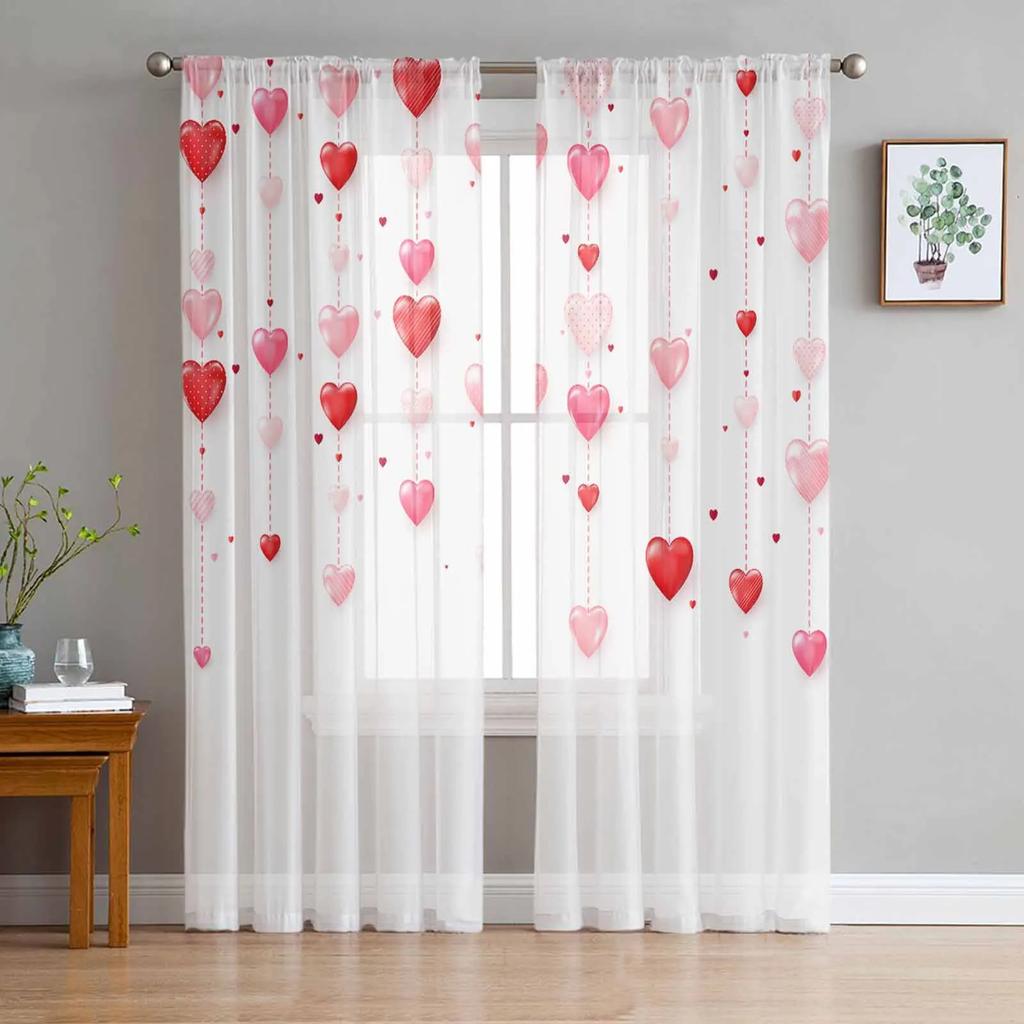 Valentine'S Day Pink Heart Sheer Drapes for Bedroom Living Room Decoration Window Curtain Kitchen Curtain Panels