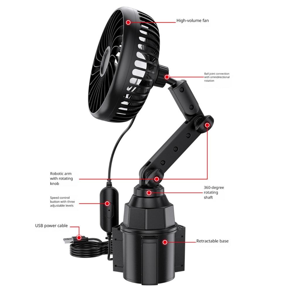 USB Powered Car Fan 3 Powerful Speeds Adjust With 360 Degree Rotating For Travel Car