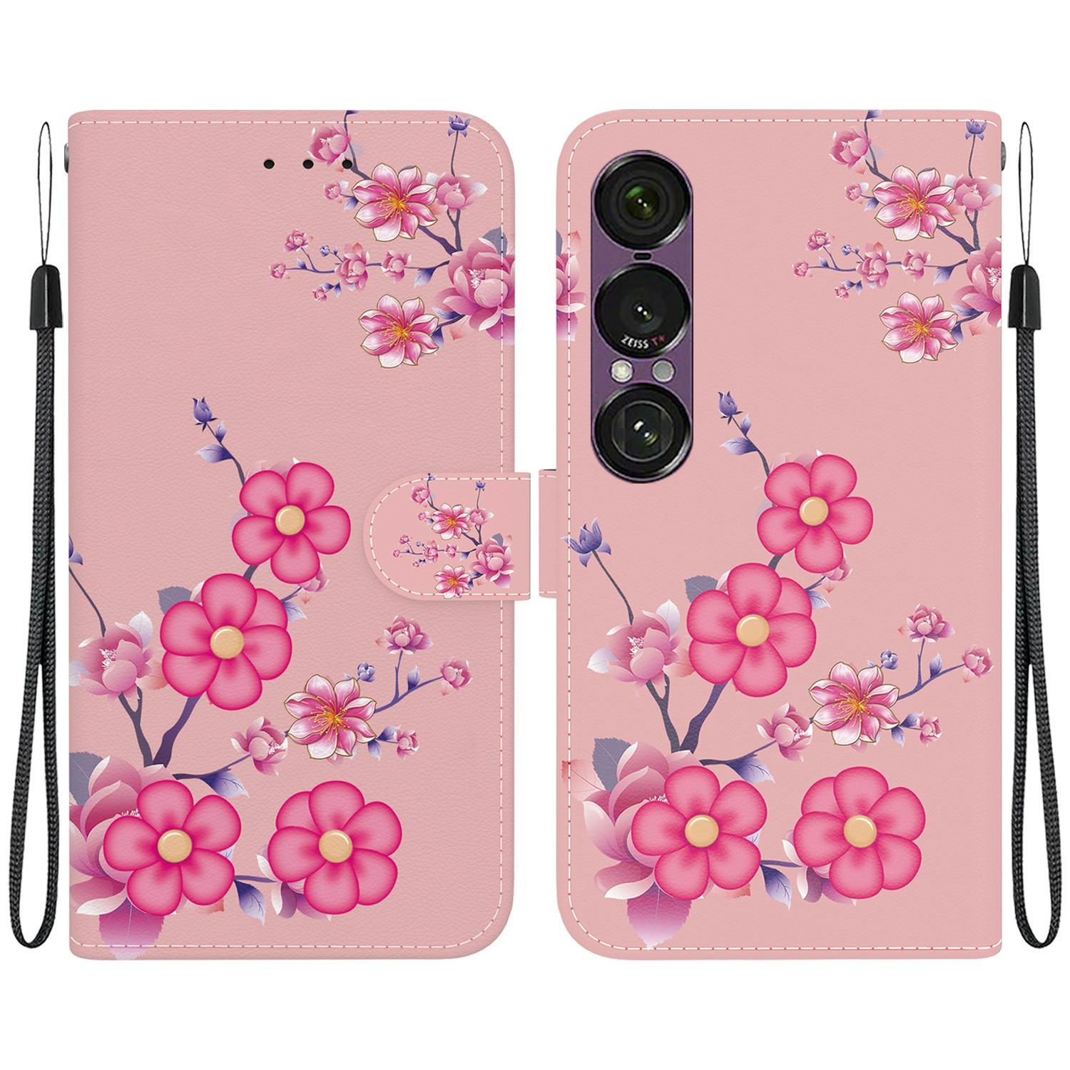 

For Sony Xperia 1 VII Wallet Phone Case Anti-Drop Pattern Printing Leather Flip Cover with Strap Sakura