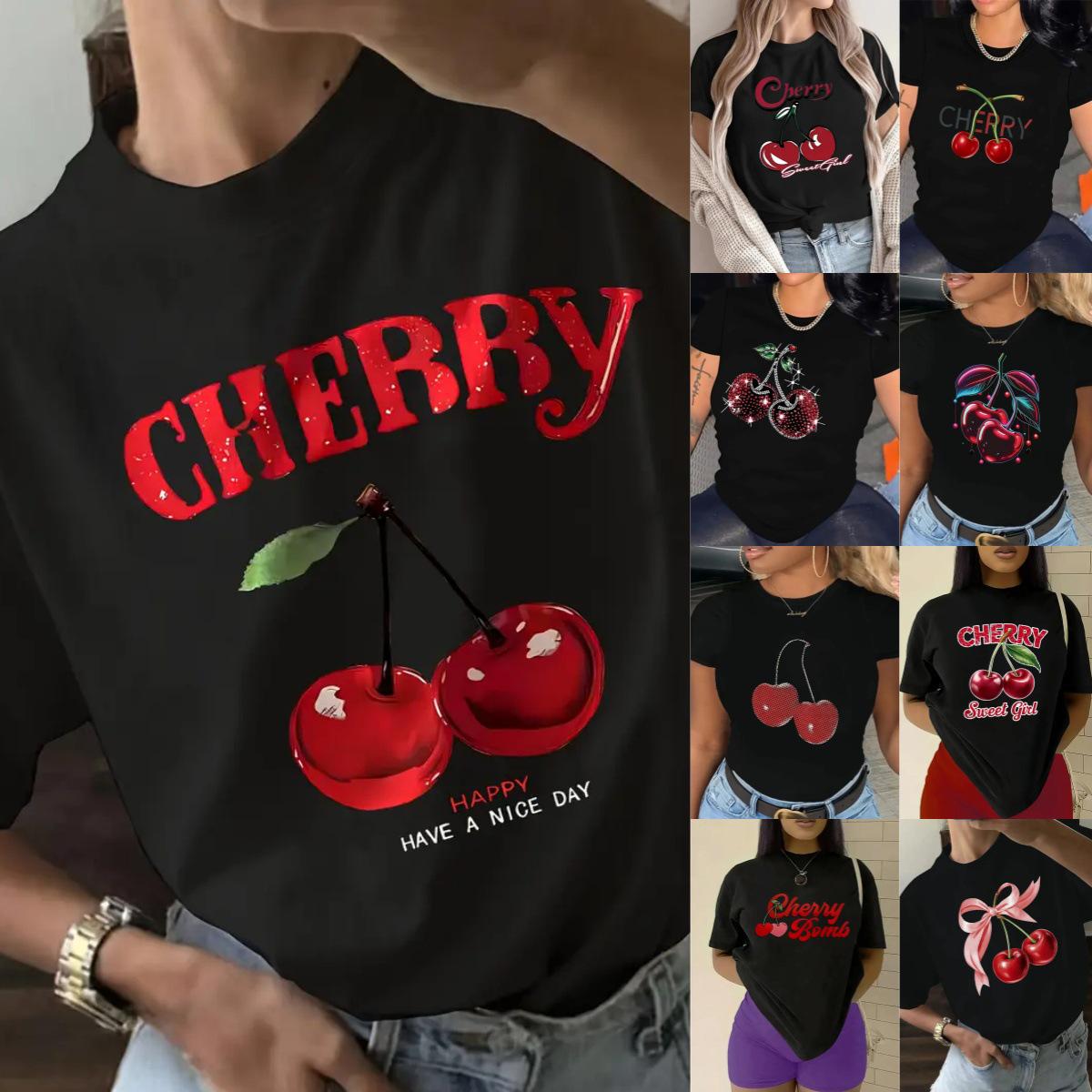 

Women s Cherry Print Short-Sleeved Top with Free Shipping 3XL