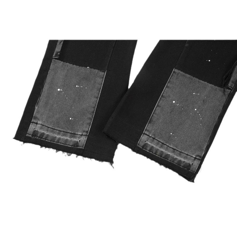 Pantalones vaqueros de calle para hombre, ropa de tendencia, pantalones vaqueros holgados con manchas de tinta en color, pantalones vaqueros con parches y flecos, pantalones holgados con cuernos