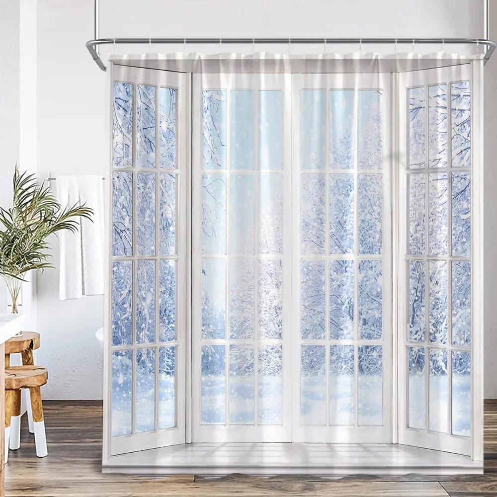 

Winter Forest Scenery Shower Curtain Snow Window Outside Nature Landscape Snowy Pine Tree Bathroom Decor Polyester Bath Curtain 90x180cm-35x70in