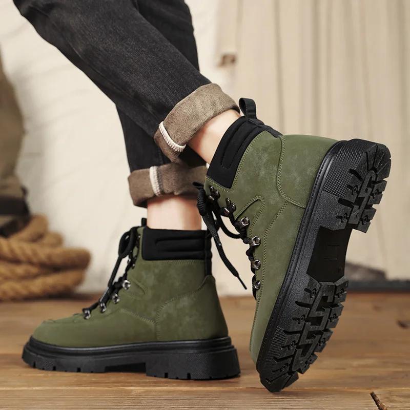 2024 Herbst Neue Britischer Stil Herren Lederstiefel High Top Dicke Sohle Einfarbig Modetrend Herrenstiefel