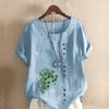 Women's Fashion Round Neck Short Sleeve T-shirt Casual Cotton Linen Graphic Shirt Leisure Loose Green Plants Prined Summer Blouse Tops