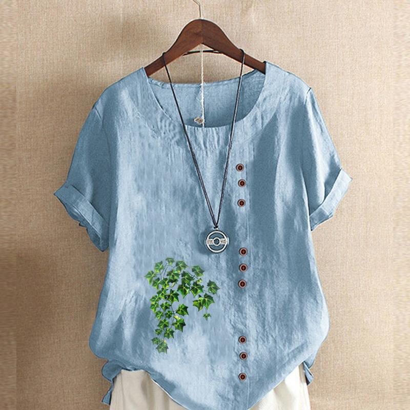 Women's Fashion Round Neck Short Sleeve T-shirt Casual Cotton Linen Graphic Shirt Leisure Loose Green Plants Prined Summer Blouse Tops