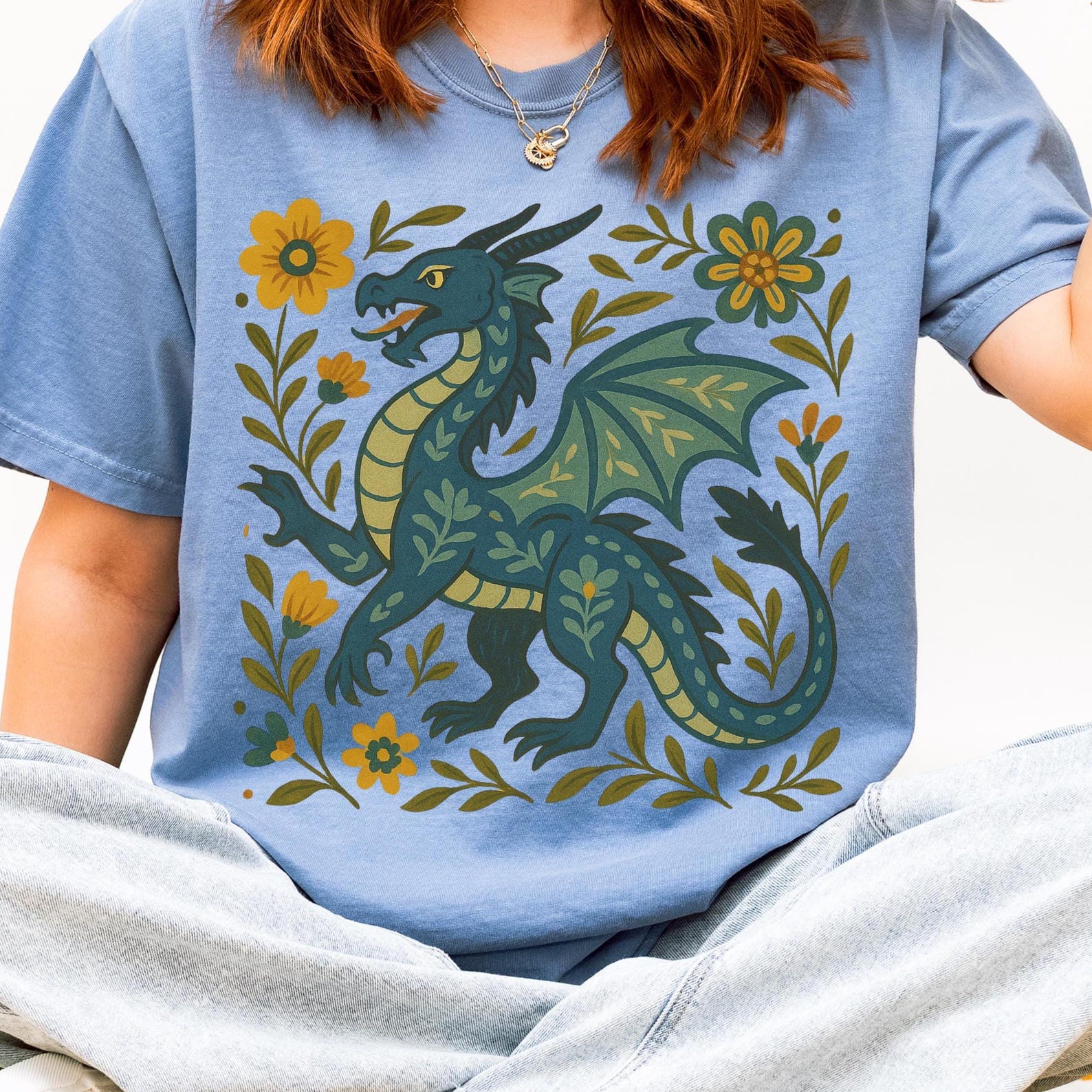 Folk Art Dragon Shirt Fantasy Creature Graphic Tee Mythical T-Shirt 2XL