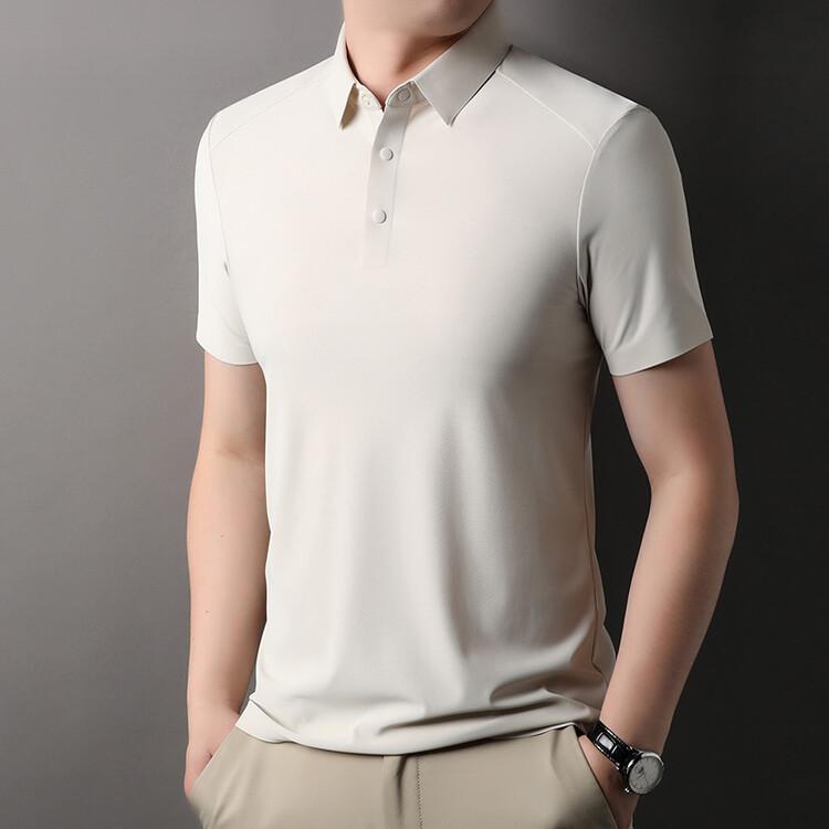 Mulberry Silk Short-sleeved T-shirt for Men, Solid Color Business Polo Shirt, No-iron Laminated Ice Silk, Traceless Ice Silk Lapel T-shirt for Men