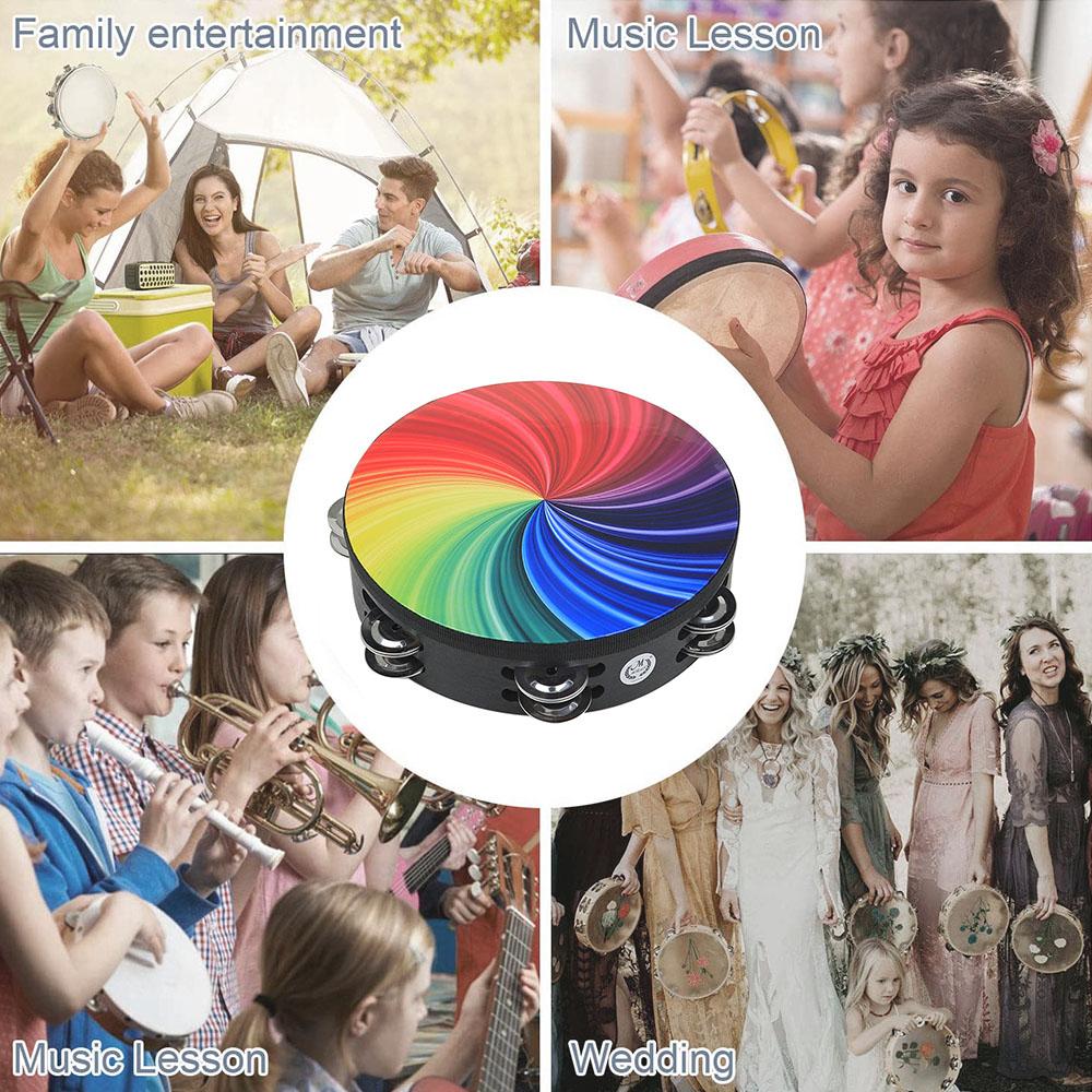 8 Inch Rainbow Tambourine Wooden Handbell Early Education Percussion Instrument with Double Row