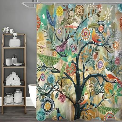 Rideau de douche Arbre Fleur Oiseau Abstrait, Rideau de douche décoratif pour salle de bain, Rideau de douche imperméable avec crochets