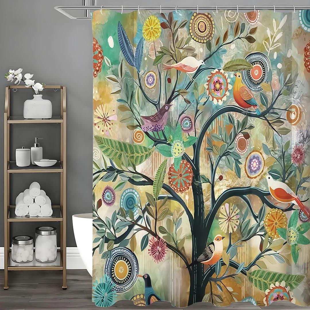 

Abstractism Tree Flower Bird Shower Curtain, Bathroom Decorative Shower Curtain, Waterproof Shower Curtain with Hooks 90X180CM