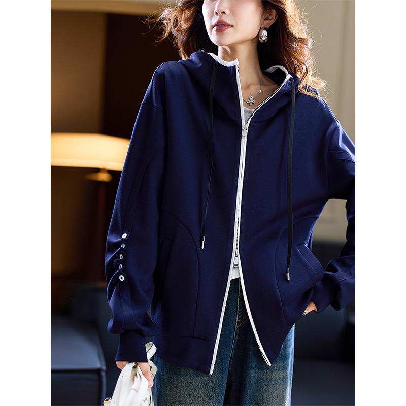 Casual Contrasting Color Hooded Jacket Women's Autumn European Goods, Foreign Style Loose Top 2024 New Large Size Women's Clothing