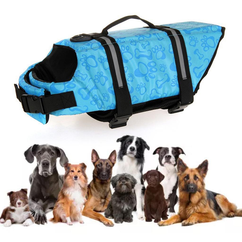 Dog Life Jacket Blue Bone Pattern Reflective Pet Dog Lifesaver Flotation Vest for Boating Swimming M Size
