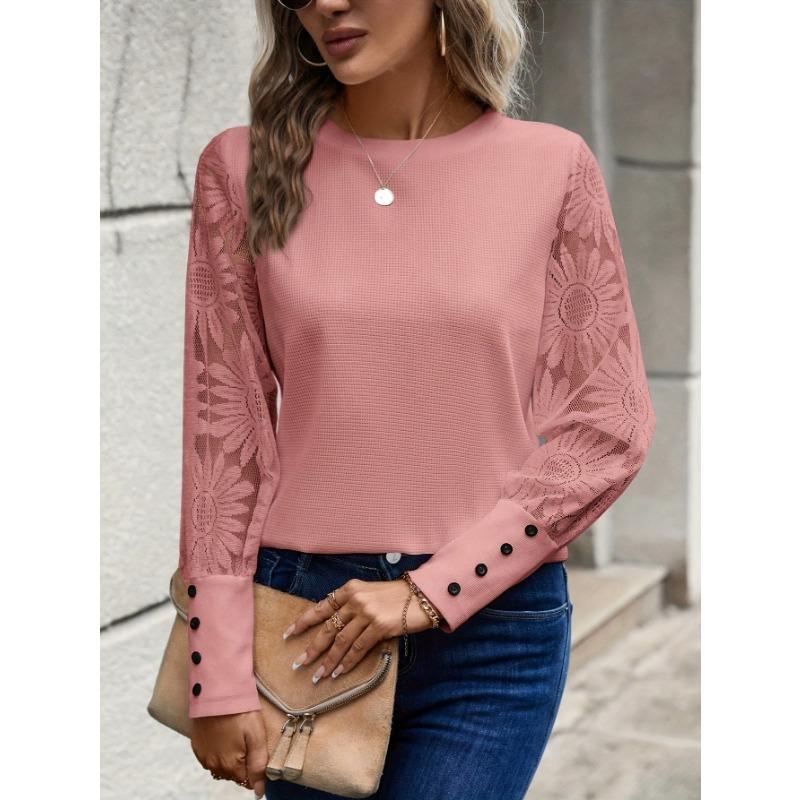 Autumn Solid Color Long Sleeved Embroidered Lace Patchwork Waffle Round Neck Top T Shirt
