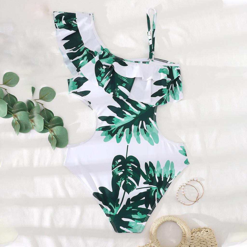 One Piece Swimsuit for Women Cut Out Design Ruffle Detail Asymmetric Strap Leaf Print Beachwear Swimwear