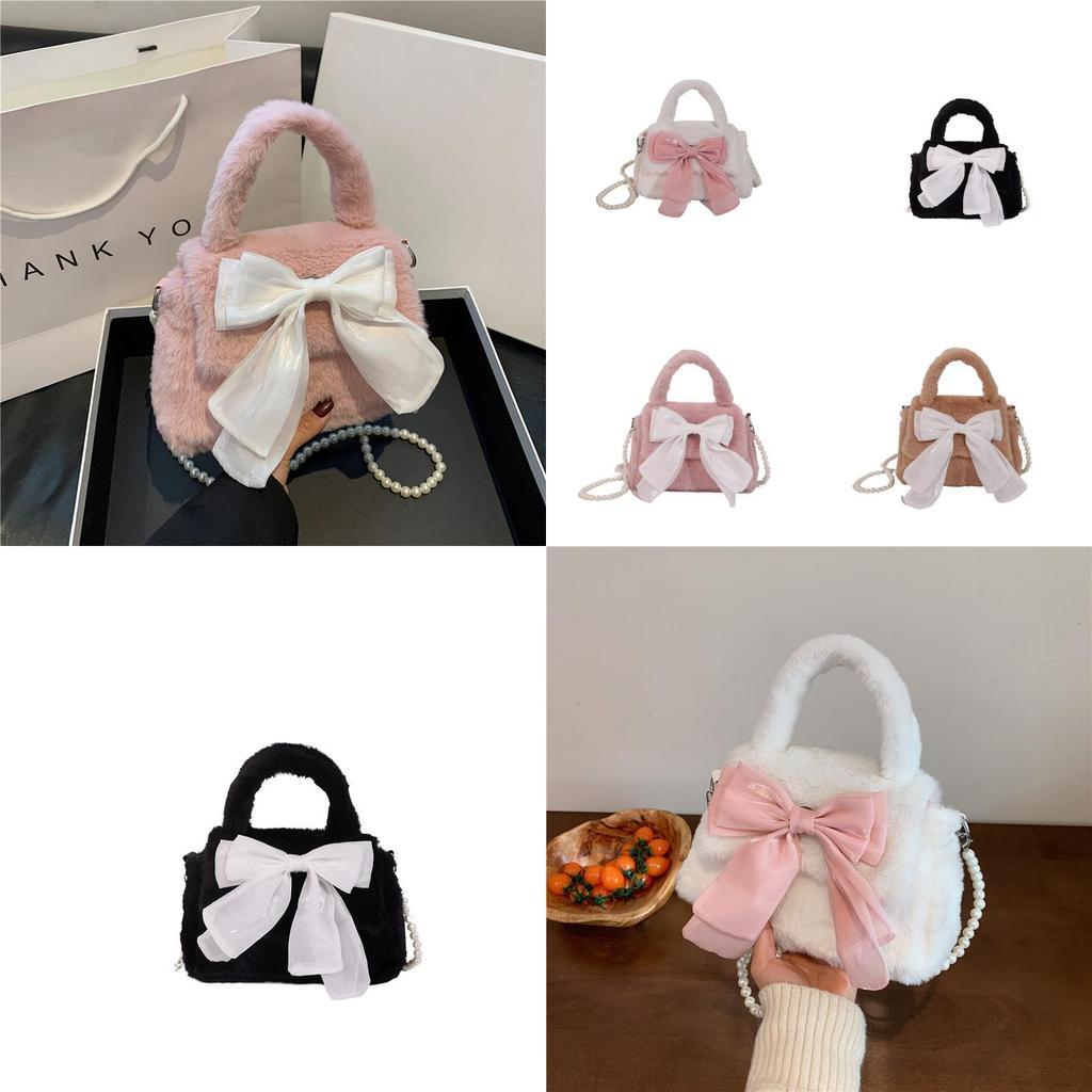 Charming Fluffy Crossbody Purse For Girls Sweet Plush Bag With Bow Street Style