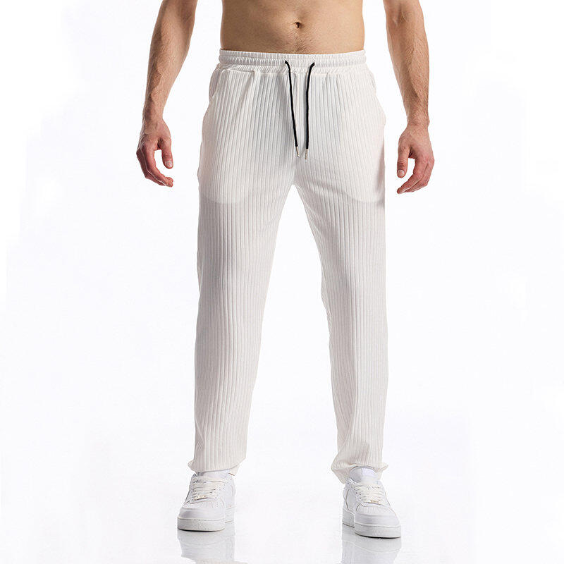 Men's Spring/Spring Ribbed Pants Elastic Waistband with Drawstring Straight Leg Comfortable and Versatile for Everyday Wear