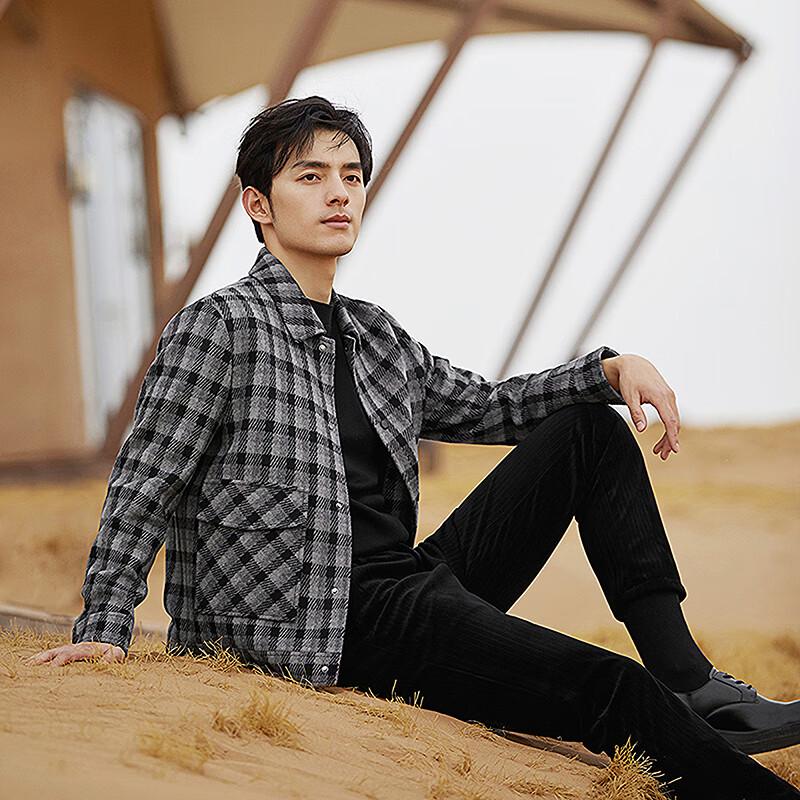 Qipai Men's Wool Blend Plaid Jacquard Lapel Jacket