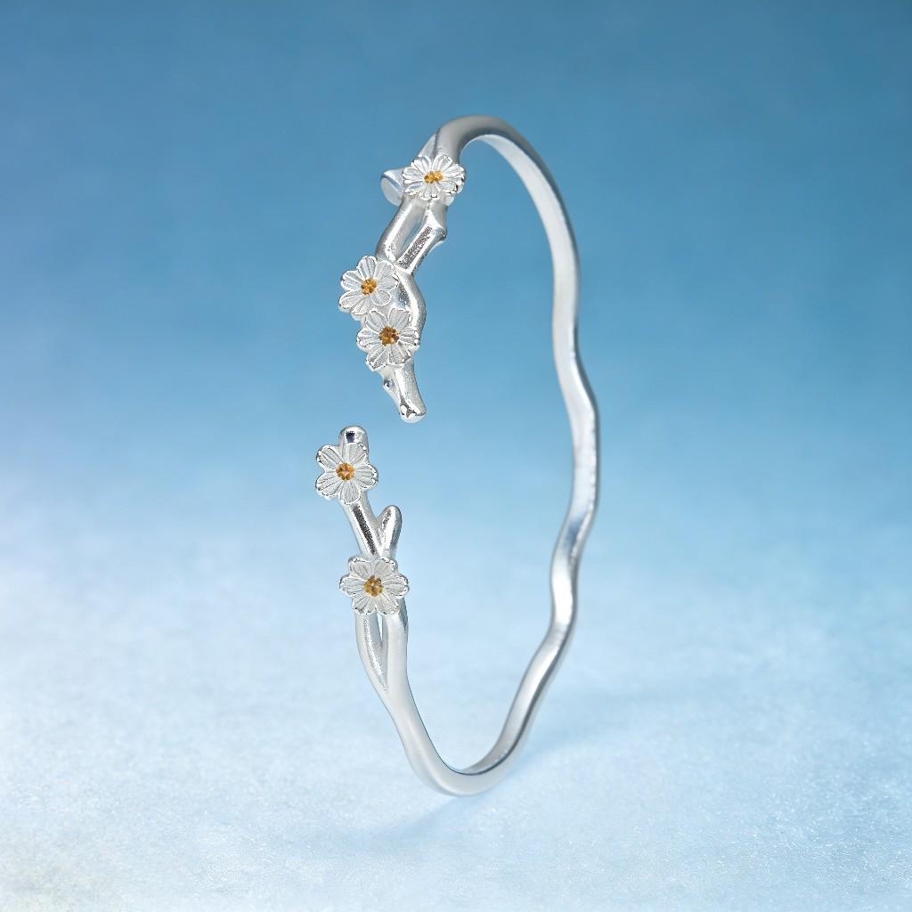 Sterling Silver 999 Jasmine Flower Openable Bangle Bracelet for Women - High-End, Fashionable, Niche Luxury Design.